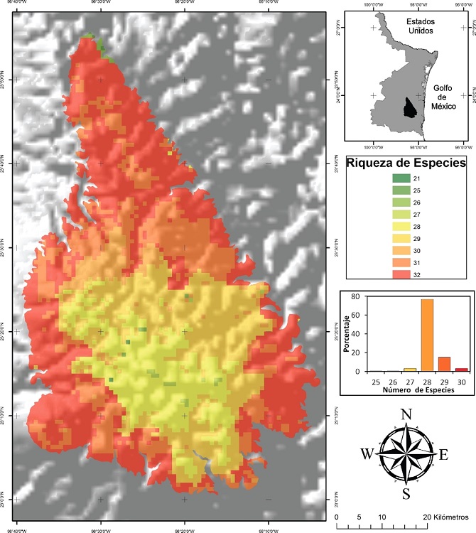 Mapa de la riqueza potencial de especies de moluscos terrestres en la Sierra de Tamaulipas (ver Ap&eacute;ndice 2).