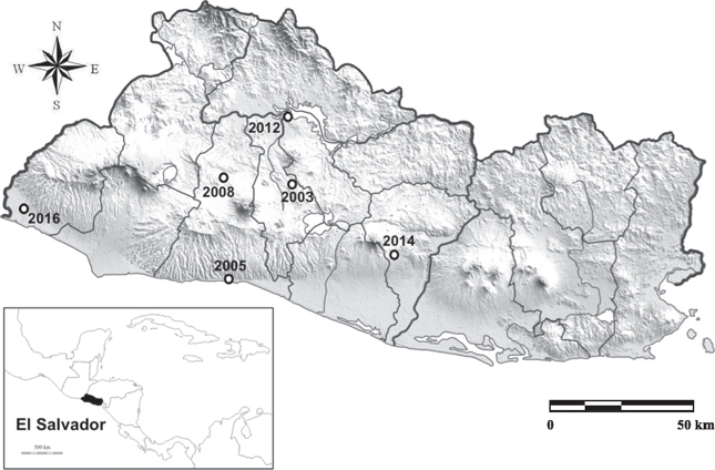 Map of the localities registered for current distribution of Eouniticellus intermedius in El Salvador. 2003: Tonacatepeque, San Salvador; 2005: El Majahual, La Libertad; 2008: Laguna Caldera, La Libertad; 2012: Colima, Cuscatl&aacute;n; 2014: Tehuac&aacute;n, San Vicente; 2016: Cara Sucia, Ahuachap&aacute;n; 2016.