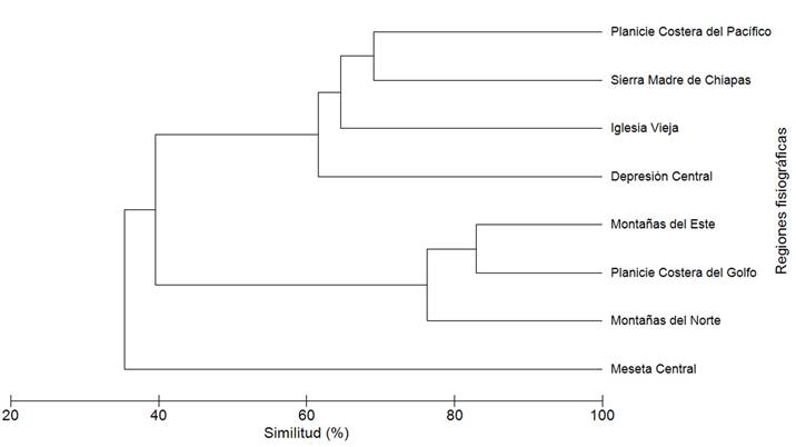Dendrograma de similitud entre siete regiones fisiogr&aacute;ficas de Chiapas y el sitio arqueol&oacute;gico Iglesia Vieja basada en datos de presencia y ausencia de especies.
