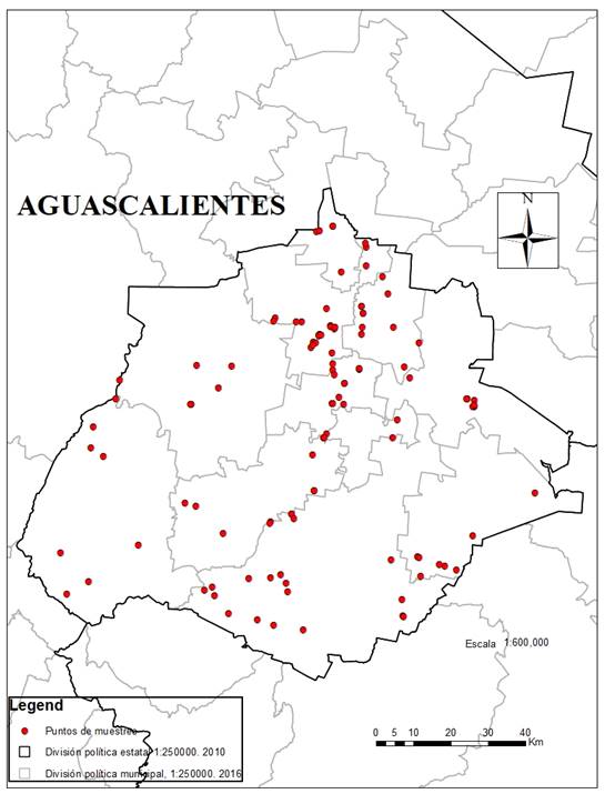 Mapa de Aguascalientes con localidades de muestreo.
