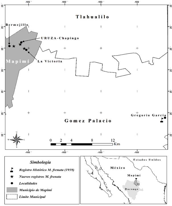 Localización del área de estudio y registros de la comadreja de cola
larga (Mustela frenata) en la zona semiárida al noreste de
Durango, México.