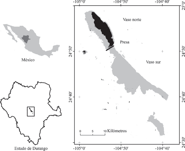 Ubicaci&oacute;n de la zona de estudio. Los sombreados negro y gris muestran, respectivamente las extensiones m&iacute;nima y m&aacute;xima de los cuerpos de agua, registradas en el per&iacute;odo de 1979 a 2014.