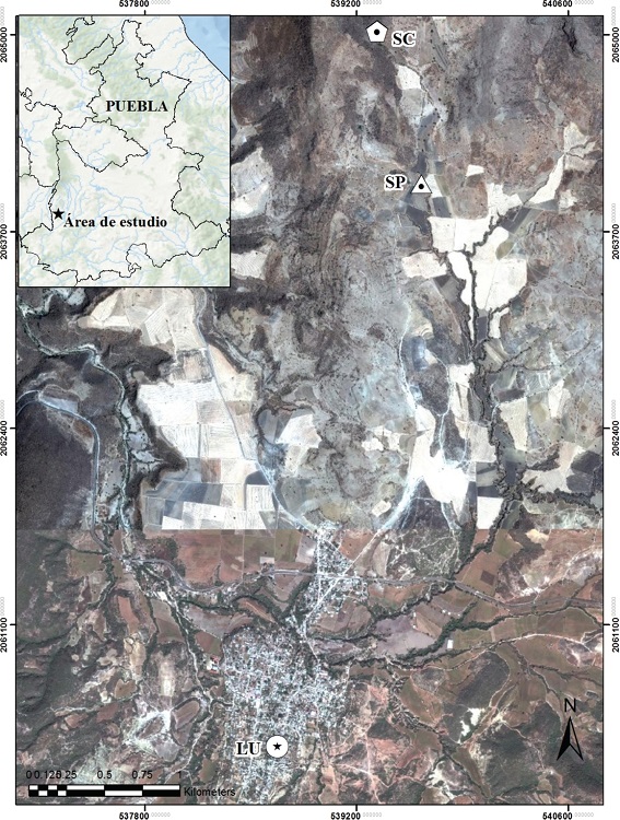 &Aacute;rea de estudio en Calmeca, Tepexco, Puebla, M&eacute;xico (LU= zona urbana de Calmeca; SC= sitio conservado; SP= sitio modificado).
