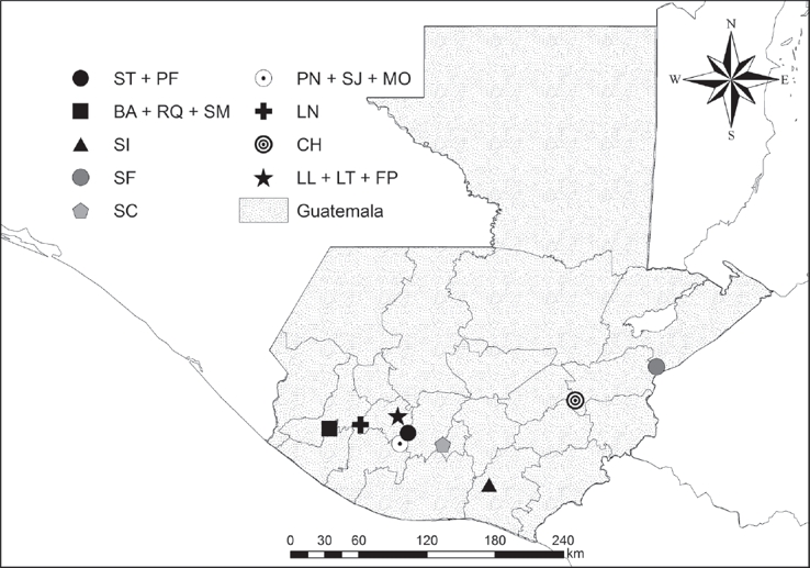 Mapa de Guatemala con distribución de las Reservas Naturales Privadas con registros de mamíferos. ST + PF= Santo Tomás Pachuj y Pampojilá-Peña Flor; BA + RQ + SM= Buenos Aires, Rosario Quezada y Santa Margarita; SI= Santa Isabel; SF= San Francisco El Chorro; SC= Santa Catalina, Anexo La Joya Carbonera y la Travesía, PN + SJ + MO= Panamá, San Jerónimo Miramar-Quixayá y Monte De Oro; LN= Las Nubes; CH= Reserva para la Conservación del Heloderma; LL + LT + FP= Laguna Lodge, Los Tarrales y Finca Patrocinio.