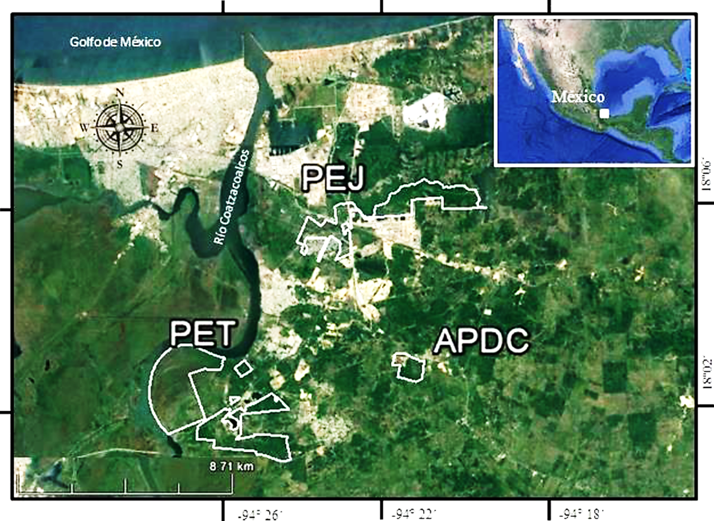 Ubicaci&oacute;n del &Aacute;rea de Protecci&oacute;n y Desarrollo de Ceratozamia (APDC), el Parque Ecol&oacute;gico Jaguaroundi (PEJ) y el Parque Ecol&oacute;gico Tuzandepetl (PET), en el sur de Veracruz, M&eacute;xico. Las l&iacute;neas blancas representan los pol&iacute;gonos de cada una de las &aacute;reas protegidas.