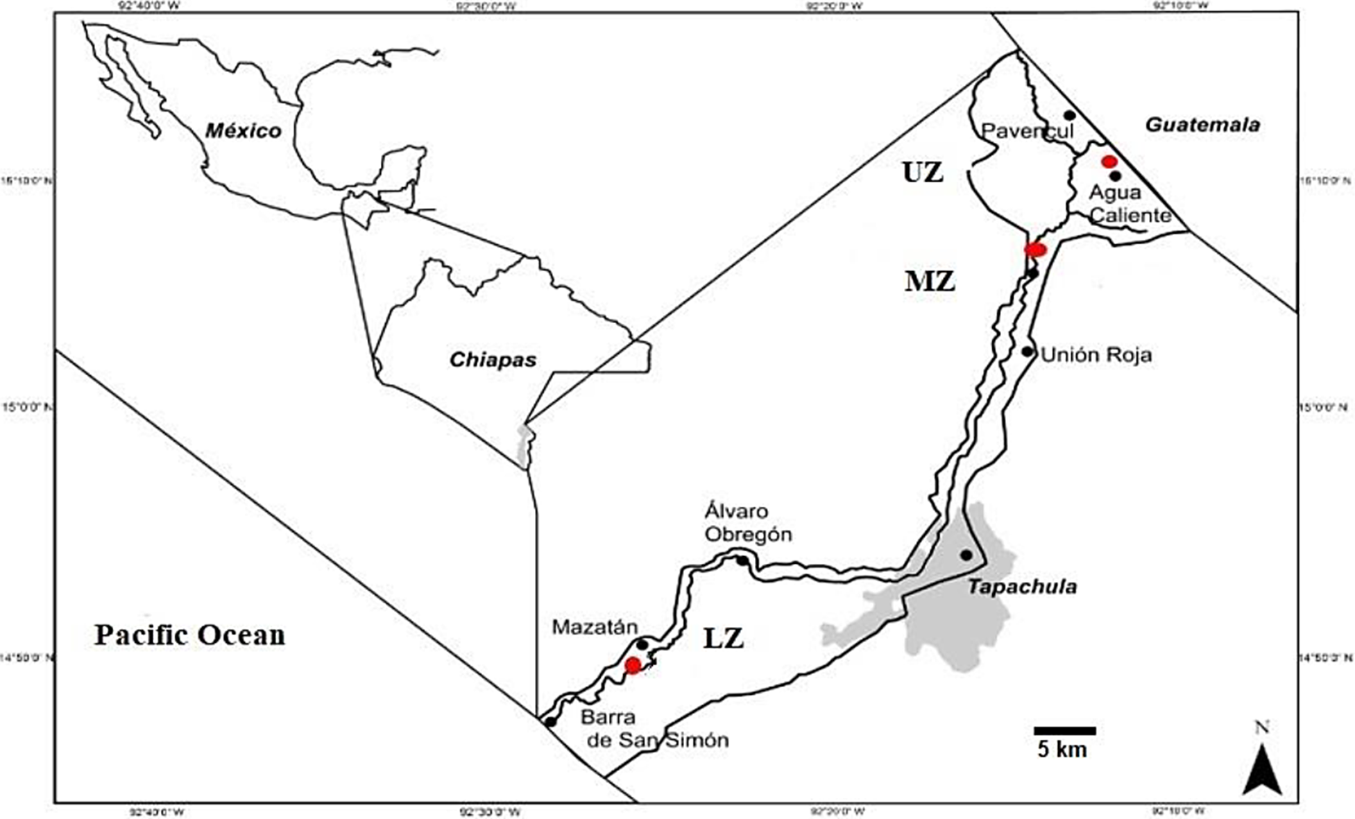 Location of the study area and sampling design. Location of the Coat&aacute;n River watershed, Chiapas, Mexico. LZ: Lower Zone; MZ: Middle Zone; UZ: Upper Zone; Red dots: Sample area.