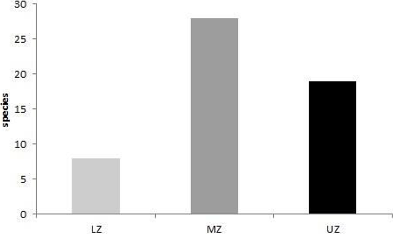 Number of species of gastropods in the Coat&aacute;n River watershed per zone. Lower Zone: LZ; Middle Zone: MZ; Upper Zone: UZ.
