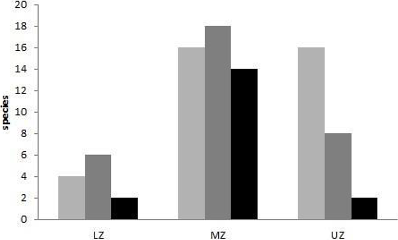 Number of species of terrestrial gastropods per site and zone of the Coat&aacute;n River watershed. Lower Zone: LZ; Middle Zone: MZ; Upper Zone: UZ; Site 1: Light Grey Bar; Site 2: Grey Bar; Site 3: Black Bar.