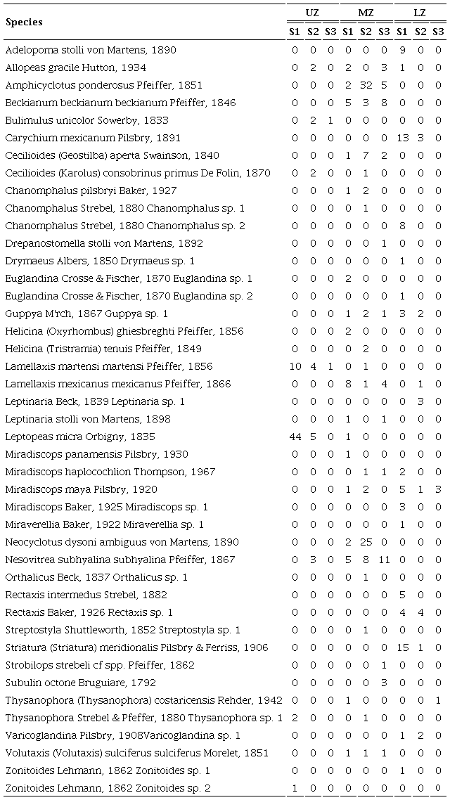 List of species and number of individuals of terrestrial gastropod from the Coatan River watershed. LZ: Lower Zone; MZ: Middle Zone; UZ: Upper Zone; S1: Site 1; S2: Site 2; S3: Site 3.