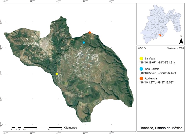 Ubicaci&oacute;n de los sitios de muestreo de ara&ntilde;as dentro del municipio de Tonatico, Estado de M&eacute;xico.