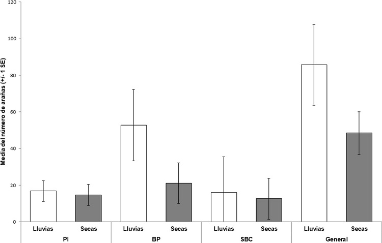 Abundancias promedio del total de ara&ntilde;as recolectadas por temporada clim&aacute;tica en cada sitio. Las barras de error corresponden al error est&aacute;ndar (SE) de las abundancias promedio. PI: Pastizal Inducido, BP: Bosque de Pino y SBC: Selva Baja Caducifolia.