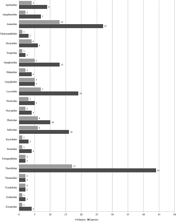 N&uacute;mero de g&eacute;neros y especies por familia presentes en el estado de Hidalgo. La figura no incluye a las familias que solo est&aacute;n representadas por un g&eacute;nero y una especie (Clubionidae, Corinnidae, Euctenizidae, Leptonetidae, Philodromidae, Phrurolithidae, Plectreuridae, Segestriidae, Selenopidae, Tetrablemmidae y Theraphosidae).