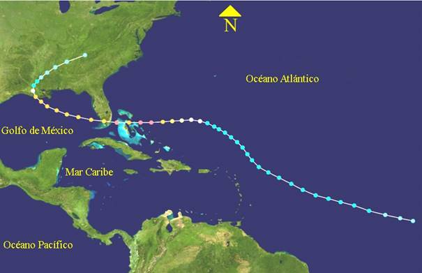 Trayectoria del Huracán Andrew, 16-28-agosto-1992. Tomado de: WikiProject Tropical cyclones/Tracks, tracking data from the National Hurricane Center.