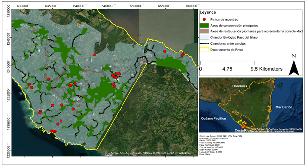 Puntos de muestreos de abejas sin aguij&oacute;n en el corredor biol&oacute;gico Paso del Istmo de Rivas, Nicaragua.