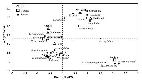 Correspondence Analysis (CA) between the variables of use and harm of wildlife species in the communities around the CNPA El Gavilán, Mexico.