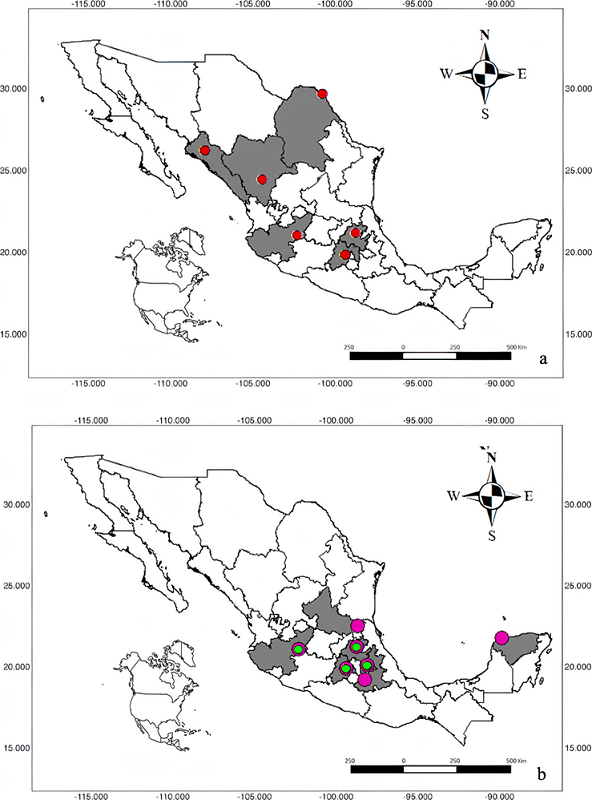 Distribución geográfica de protozoarios (a) y artrópodos (b) identificados en aves acuáticas de la familia Anatidae en México. En la Figura 3b, el punto rosa hace referencia a piojos y el punto verde a ácaros.
