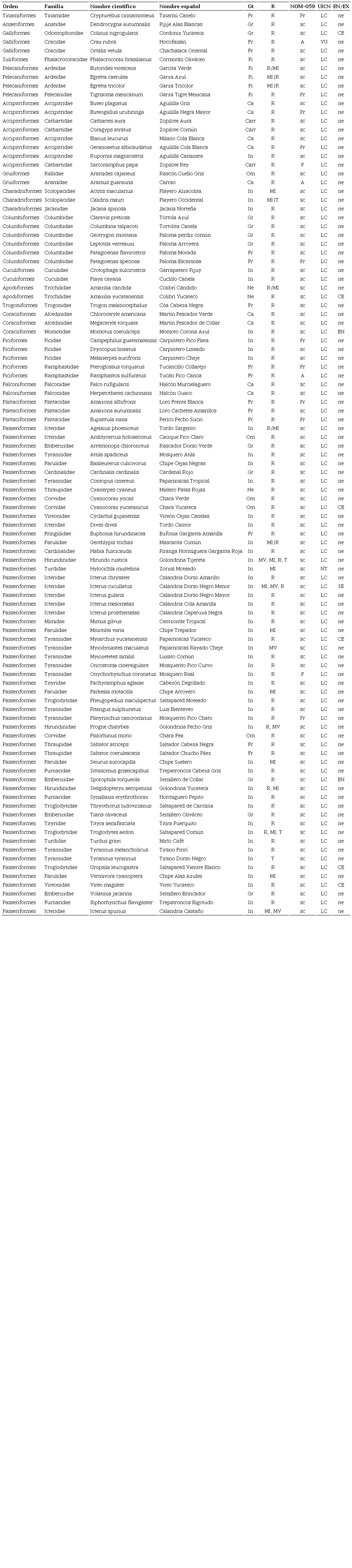 Lista de especies de aves registradas en el ejido Laguna Om. Se muestra la clasificaci&oacute;n de los gremios tr&oacute;ficos de las aves, as&iacute; como el tipo de residencia que tiene cada una en M&eacute;xico basado en Berlanga et al. (2015). Abrev: Gremio tr&oacute;fico: Frug&iacute;voros (Fr), Insect&iacute;voros (In), Nectar&iacute;voros (Ne), Carn&iacute;voros (Ca), Gran&iacute;voros (Gr), Pisc&iacute;voros (Pi), Carro&ntilde;eros (Carr), Omn&iacute;voros (Om). Estatus migratorio (Berlanga et al., 2019): Residentes permanentes (R), Migratorias de invierno (MI), migratorias de verano (MV), Transitorias (T) y Accidentales (A). Categor&iacute;a de riesgo (NOM-059-Semarnat-2010): Probablemente extinta en medio silvestre (E), En peligro de extinci&oacute;n (PE), Amenazadas (AZ), Sujetas a protecci&oacute;n especial (PR) y Sin Categor&iacute;a (sc). Estado de conservaci&oacute;n UICN (2019): Extinto (EX), En peligro (EN), Vulnerable (VU), Casi amenazado (NT), Preocupaci&oacute;n menor (LC), Datos insuficientes (DD). Origen y categor&iacute;a de endemismo (EN/EX): End&eacute;mica (EN), Cuasiend&eacute;mica (CE), Semiend&eacute;mica (SE), Ex&oacute;tica (Exo) y No end&eacute;mica (ne). Gremio tr&oacute;fico (Gt), Residencia (R).