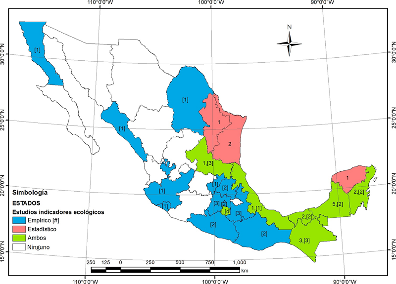 N&uacute;mero de estudios con mariposas indicadoras realizados en la rep&uacute;blica mexicana.