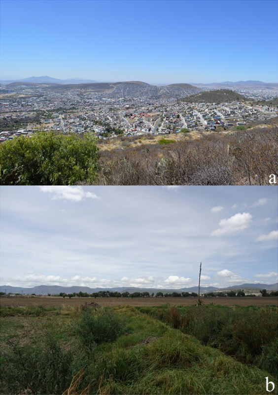 Principales tipos de uso de suelo en el estado de Hidalgo: a) Panor&aacute;mica de la ciudad de Pachuca de Soto; b) campo de cultivo a las afueras de la ciudad de Pachuca de Soto (fotos&copy; R. Cer&oacute;n).