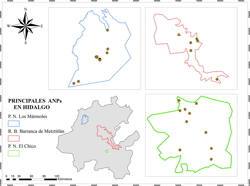 Principales ANPs en el estado de Hidalgo (con base en su mayor extensi&oacute;n territorial). Los c&iacute;rculos amarillos representan las especies presentes en cada ANP. Elaborado mediante datos digitales de CONANP (www.sig.conanp.gob.mx).