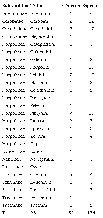 Subfamilias, tribus, n&uacute;mero de g&eacute;neros y especies de car&aacute;bidos reportadas para el estado de Hidalgo, M&eacute;xico.