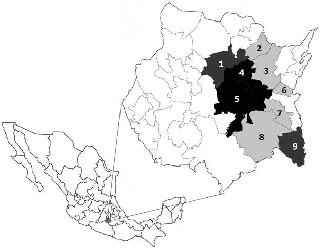 Estado de Morelos y ubicación de los municipios muestreados. 1=Yautepec, 2=Atlatlahuacan, 3=Yecapixtla, 4=Cuautla, 5=Ayala, 6=Temoac, 7=Jonacatepec, 8=Tepelcingo, 9=Axochiapan. En gris oscuro municipios colectados en 2010-2011. En gris claro, municipios colectados en 2017-2019. En negro, municipios colectados en ambos periodos.