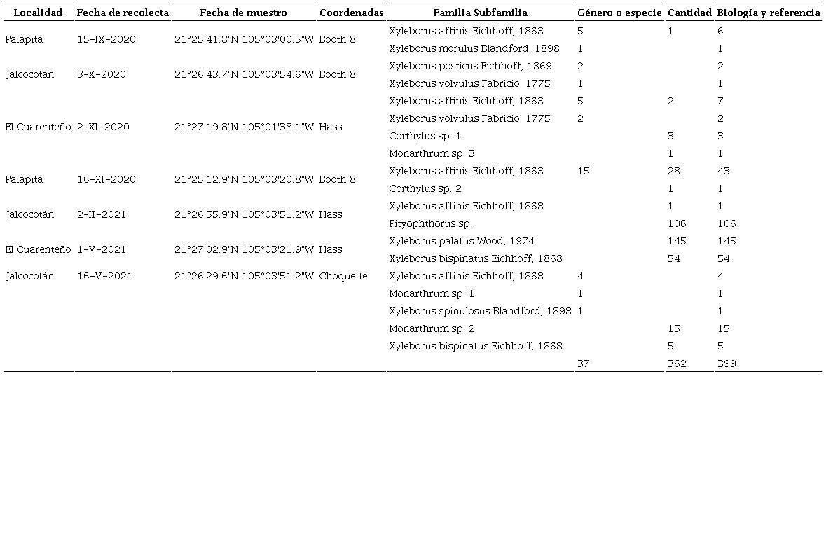 Lista de escolítinos recolectados y emergidos de ramas de distintos cultivares de aguacate infestados por ambrosiales y descortezadores en Nayarit, México.