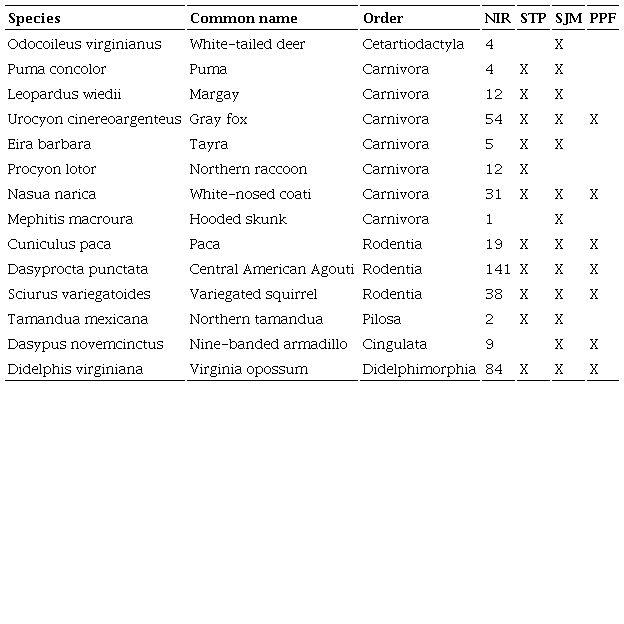 Number of independent records and mammal species detected in camera trapping surveys in three reserves with coffee plantations of the highlands of Guatemala (March-May 2014). NIR, Number of independent records.