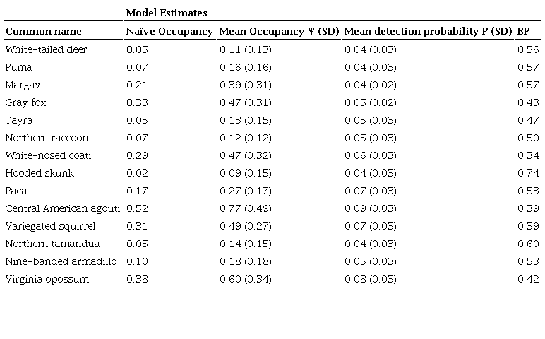 Mammals detected in camera trapping surveys in three reserves with shade grown coffee plantations of the highlands of Guatemala (March-May 2014) along with their na�ve occupancy estimates, mean occupancy estimate (Ψ) across the three coffee farms, mean detection probability (p) and their standard deviations (SD). Model fit was evaluated with the Bayesian p-value (BP) for the species model, where values between 0.05 and 0.95 indicate adequate fit and a mean of 0.5 indicates perfect model fit.