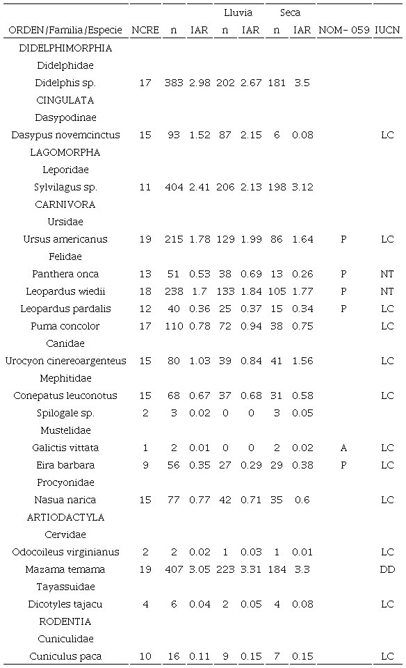 Lista de mam�feros medianos y grandes registrados en el bosque mes�filo de monta�a en dos temporadas (lluvia y seca) de los a�os 2018 a 2020, de la reserva de la biosfera El Cielo, Tamaulipas, M�xico.