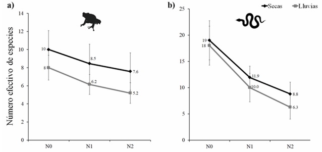 Riqueza de especies (N0), n�mero de especies comunes (N1), y n�mero de especies dominantes (N2) de las comunidades de anfibios (a) y reptiles (b) en dos estaciones clim�ticas en la selva tropical caducifolia de La Sand�a, Acatl�n de Osorio, Puebla. Los marcadores y l�neas en color negro muestran los valores para la estaci�n de secas, y en color gris para la estaci�n de lluvias. Los marcadores indican los valores observados para cada orden de N, mientras que las barras de error indican los intervalos de confianza al 95%.