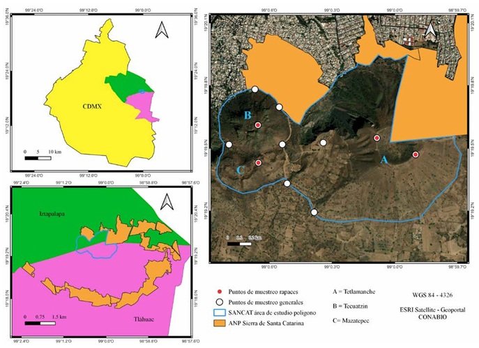 Ubicaci�n geogr�fica del �rea de estudio y de los puntos de muestreo en la delegaci�n Iztapalapa y Tl�huac de la Ciudad de M�xico, M�xico, as� como fotograf�as de cada uno de los volcanes que conforman el conjunto TETEMAC.
