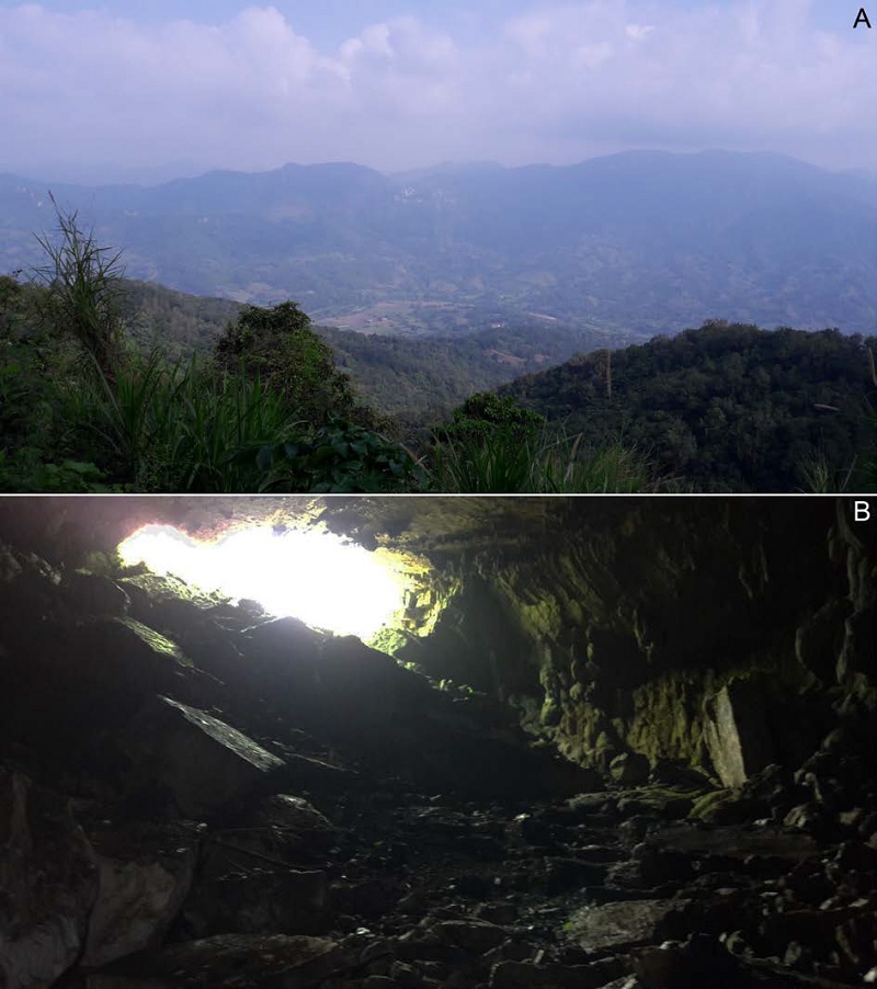 (A) Panoramic view from the entrance of the Cueva del Caracol. (B) Photo of entrance of the cave from the first 50 meters inside. Both photographs courtesy of A. Vald�z-Mondrag�n.