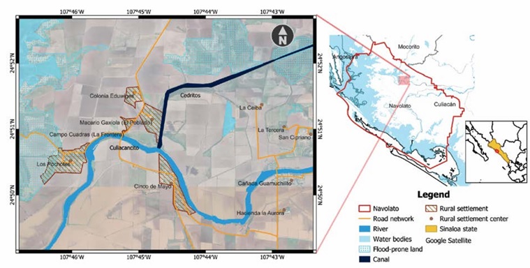 Location map of the surveyed rural communities: Macario Gaxiola, Cinco de Mayo, and Los Pochotes, municipality of Navolato, Sinaloa, Mexico.
