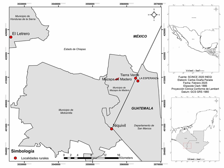 Ubicaci�n de las cinco localidades y municipios muestreados.