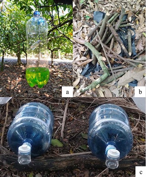 M�todos de recolecta a) trampa ECOIAPAR, b) ramas trampa y c) c�maras de emergencia.