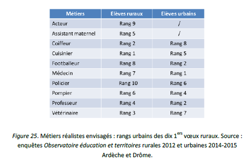 Métiers réalistes envisagés : rangs urbains des dix 1ers vœux ruraux. Source : enquêtes Observatoire éducation et territoires rurales 2012 et urbaines 2014-2015 Ardèche et Drôme