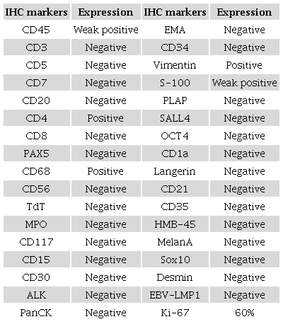 Panel of Immunochemistry markers and their expression in the tumor cells