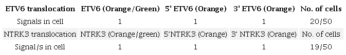 Result of ETV6 and NTRK3 translocation analysis.