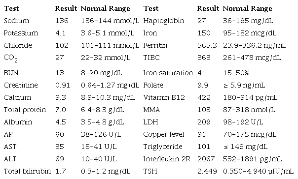 Blood test results at presentation to Harbor-UCLA Medical Center