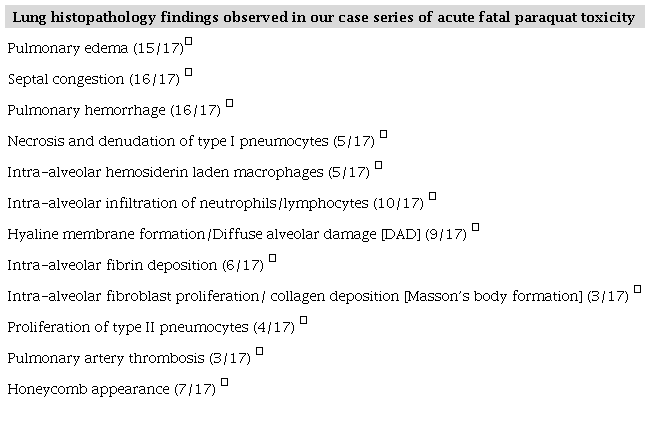 Lung histopathological findings of acute fatal paraquat poisoning.