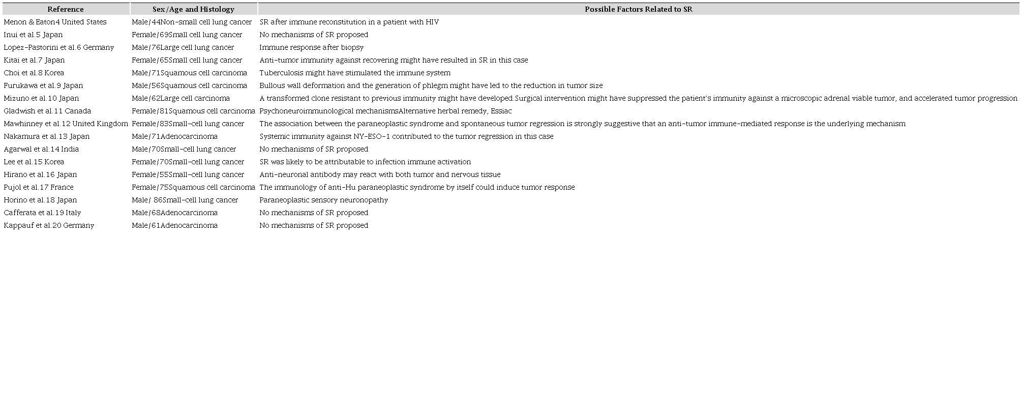 Spontaneous remission of lung cancer proven in histological examinations: review of the literature