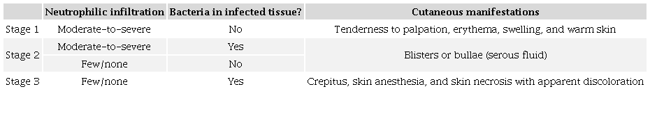 Prognostic staging and clinical staging of necrotizing fasciitis. Prognostic staging is based on histology and Gram stain.29 Clinical staging is based on cutaneous manifestations30