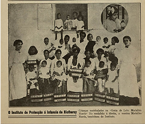 Crianças assistidas no Instituto de Proteção e Assistência à Infância de Niterói, acompanhadas de suas mães. No detalhe à direita, foto da menina Marialina Norris, benfeitora do IPAI.
