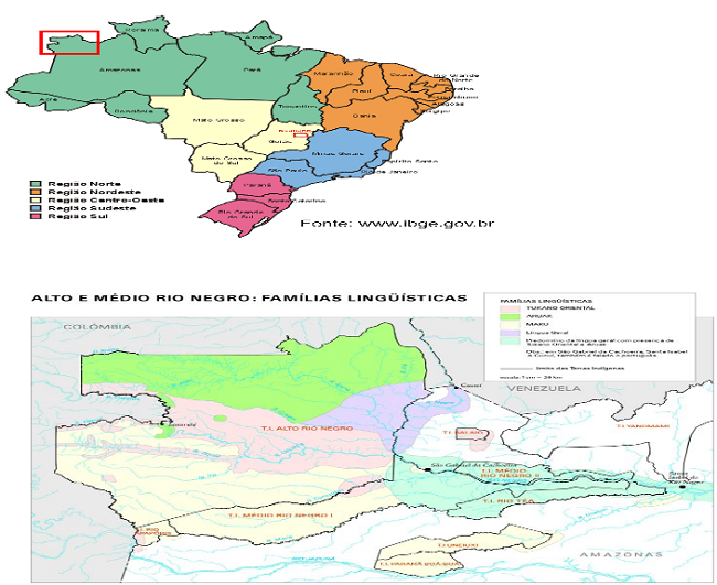 Mapa do Brasil e mapa do Alto e M&eacute;dio Rio Negro (Amazonas).