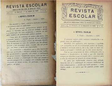 Folha de rosto e editorias de dois exemplares da Revista Escolar