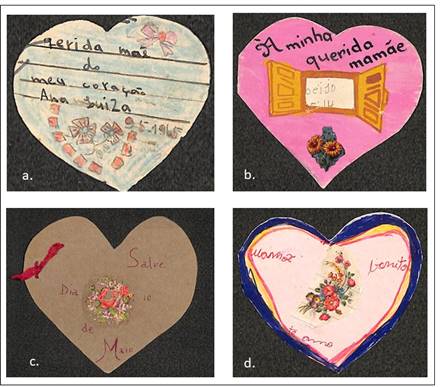 Cartões com modelos de coração: (a) Querida mãe (1965); (b) À minha querida mamãe (n.d.); (c) Salve o dia 10 de maio (n.d.) e (d) Mamãe bonita te amo (n.d.).