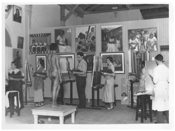 Alunos de Portinari na aula de pintura com modelo vivo, na Universidade do Distrito Federal: Héris Guimarães, Diana Barbéri, José Ribeiro de Souza, Ignez Correa da Costa, Rubem Cassa e Aldary Toledo.