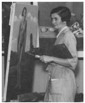 Recorte da imagem em análise, o qual apresenta a aluna Ignez Correa da Costa, pintando a modelo.