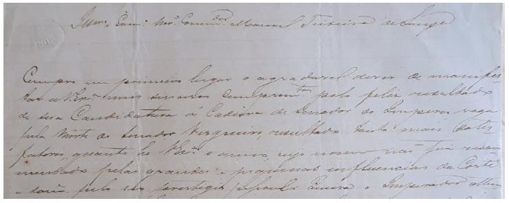 Excerto inicial de carta enviada a Manuel Teixeira por Jos Vieira de Resende Silva (25/03/1860)